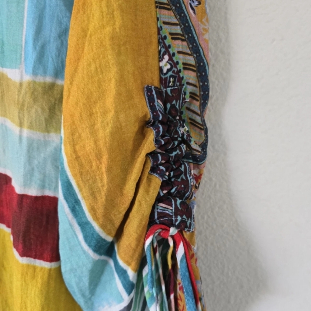 $120 John Mark Shirt Women XL Mixed Print Collared Cinched 3/4 Tie Sleeve Boho - Picture 10 of 14